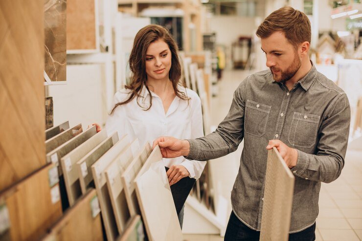 Customer choosing tiles in a flooring showroom